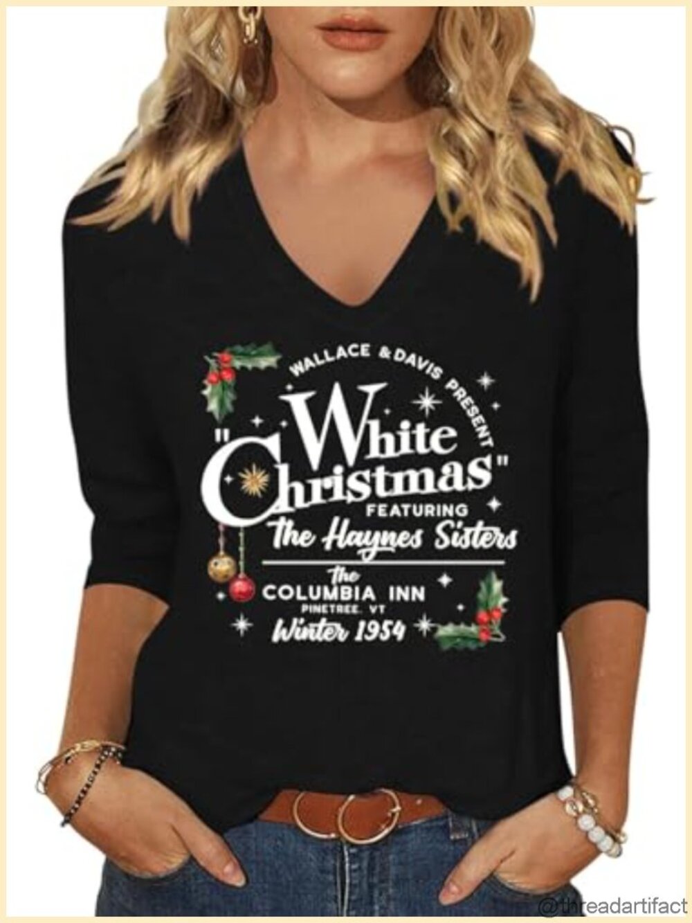 Christmas Graphic 3/4 Sleeve V-Neck T-Shirt Cotton Blend Pullover